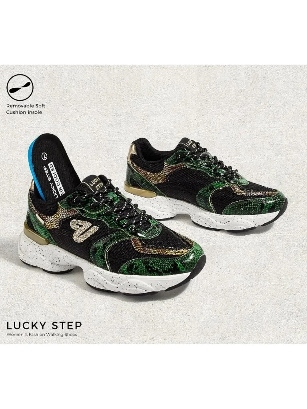 Women's Green Snake Lightweight Non Slip Chunky Color Block Fashion Sneakers